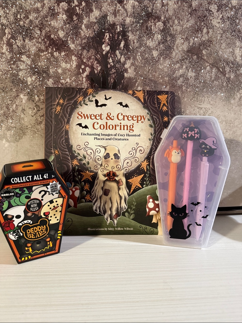 Halloween bundle. Coloring book, Halloween pens, and a deddy  bear mystery box.